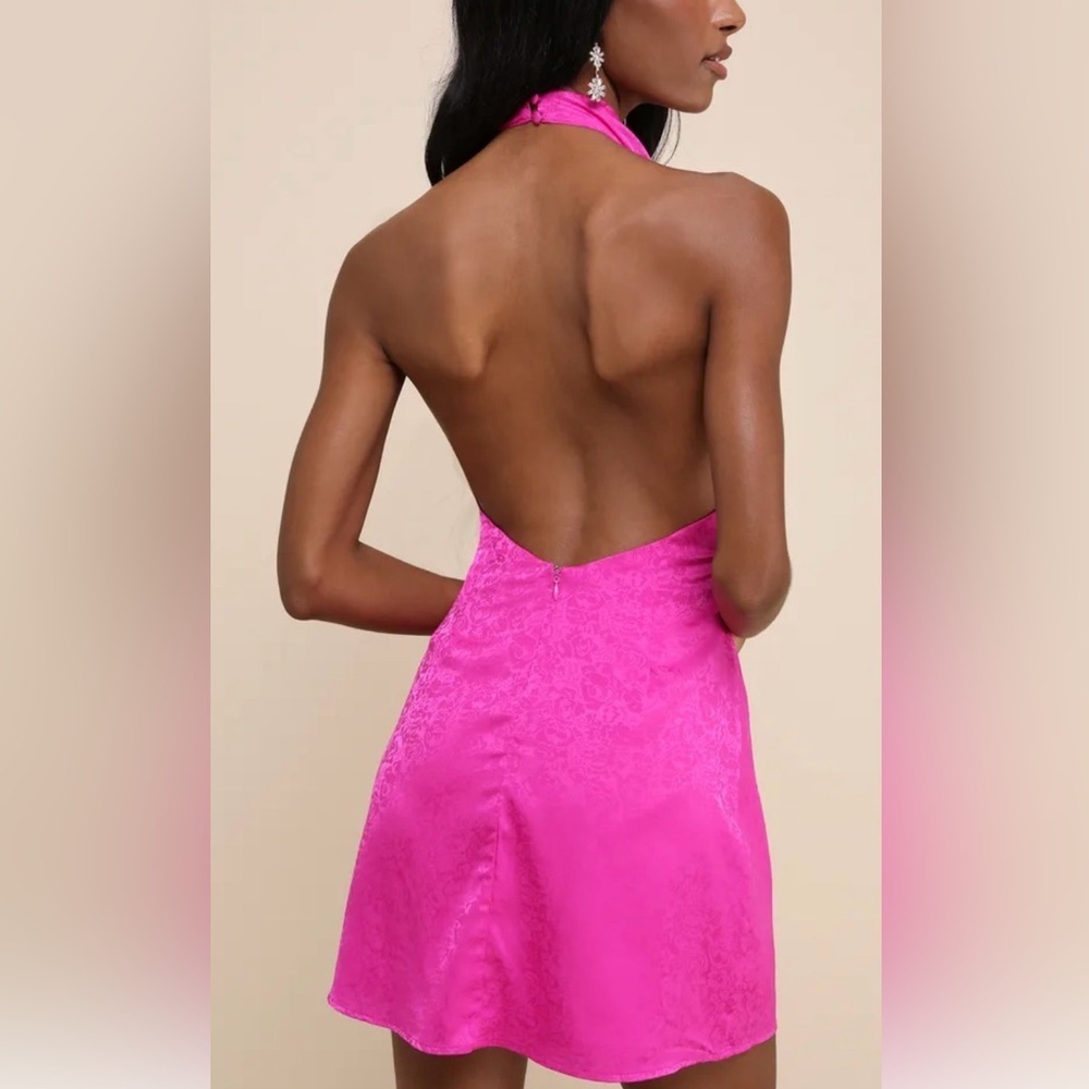 Lulu's Vibrant Pink Silky Backless Halter Dress Size large - Picture 2 of 5